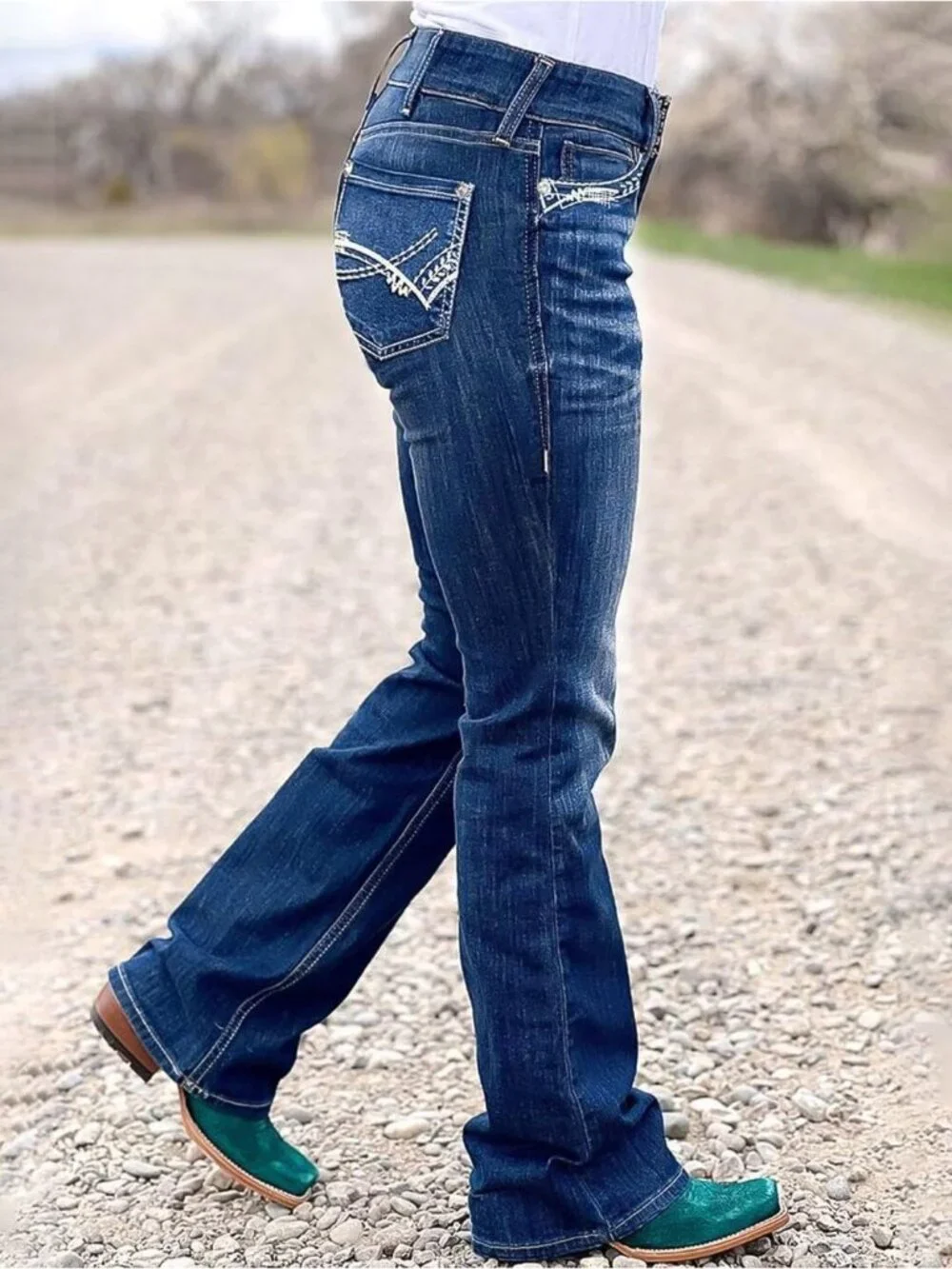 Women's Indigo Blue Pull On Mid Rise Flare Leg Zipper Lifting Bootcut Jeans